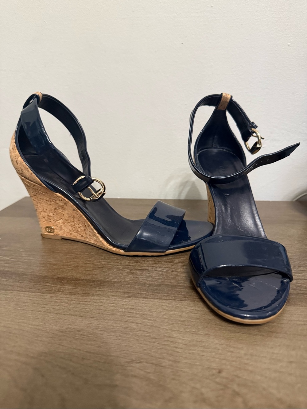 Gucci Patent Navy Cork Wedge Sandals with Ankle Strap